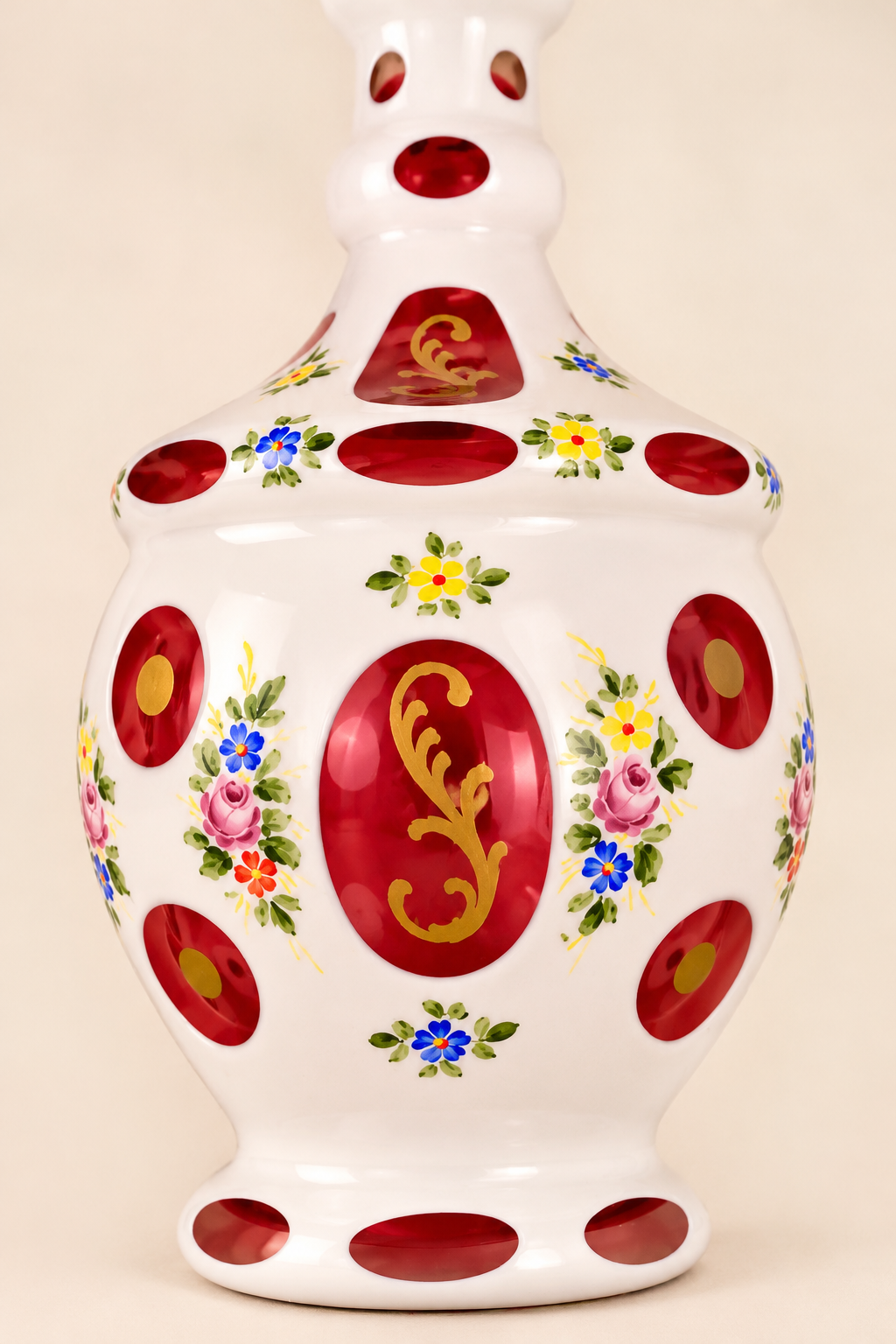Antique-Style Bohemian White Overlay Glass Decanter & Cordial Set