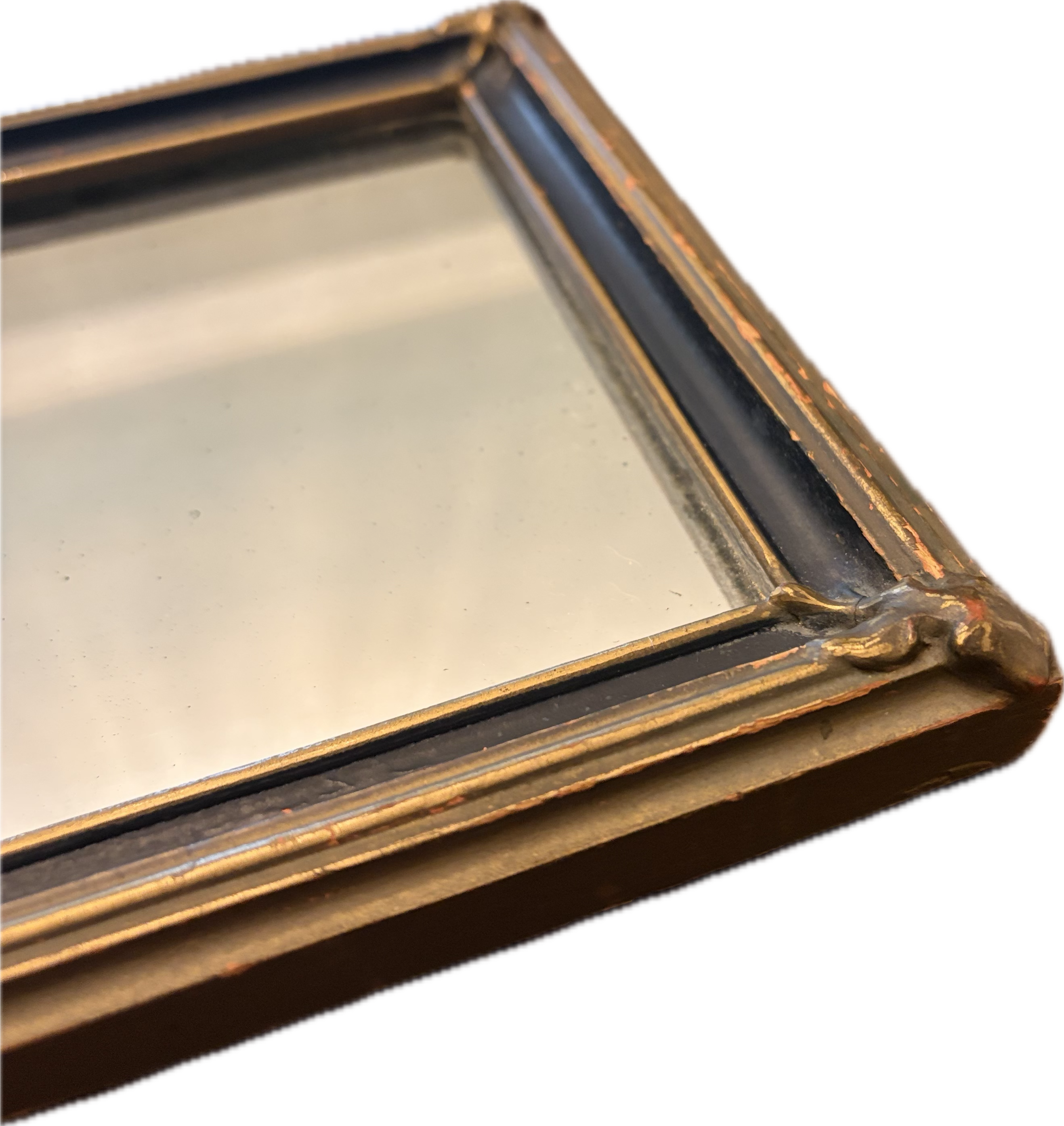 Antique oval-topped decorative mirror with an inset print and ornate frame.