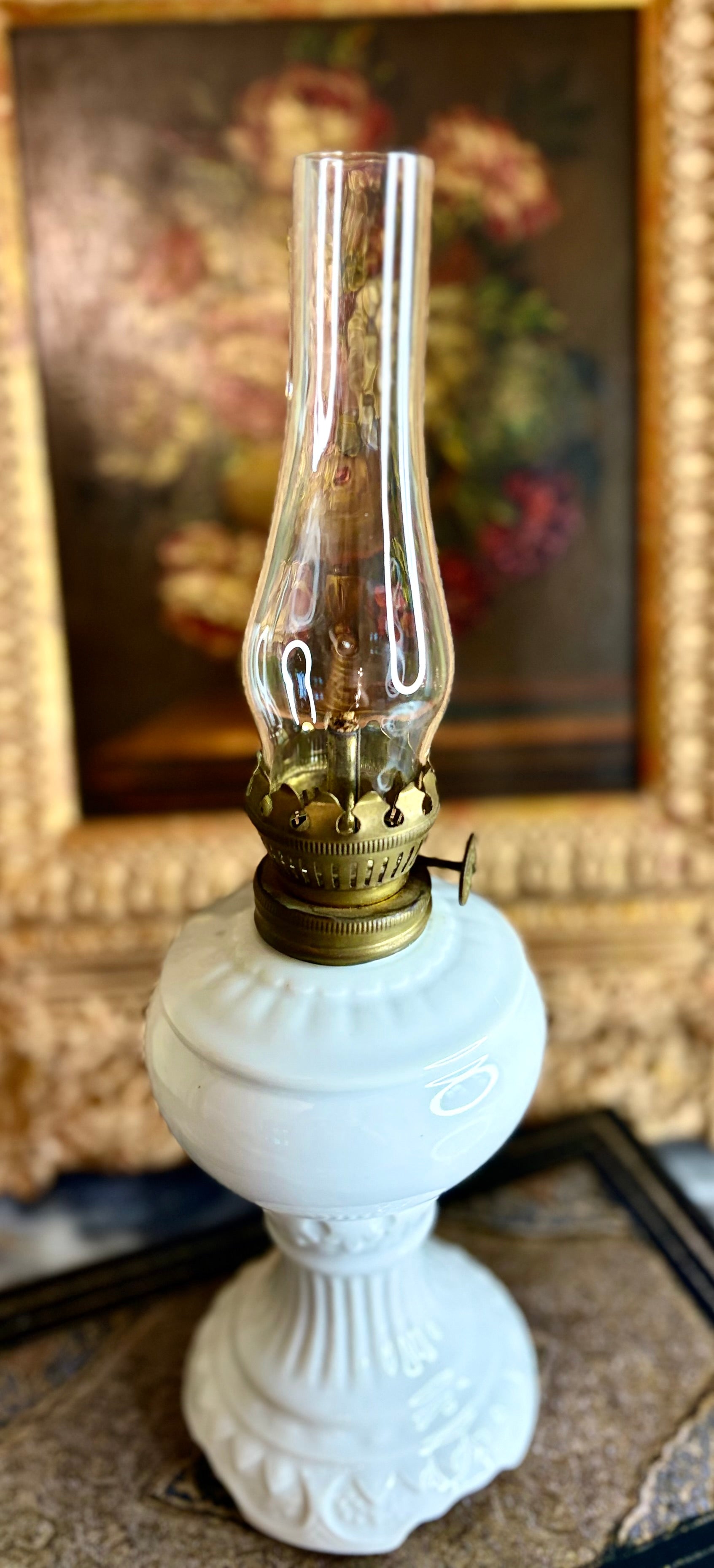 Vintage White Milk Glass Oil Lamp with Brass Burner