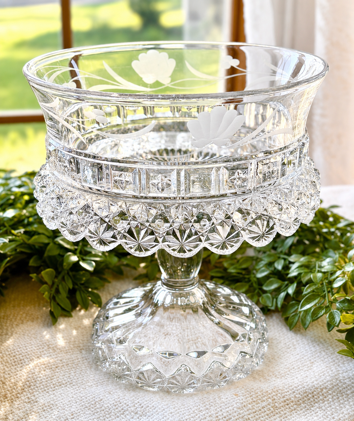 Antique Dalzell, Gilmore & Leighton Etched Glass Compote Bowl | Pedestal Fruit Stand with Floral Motif