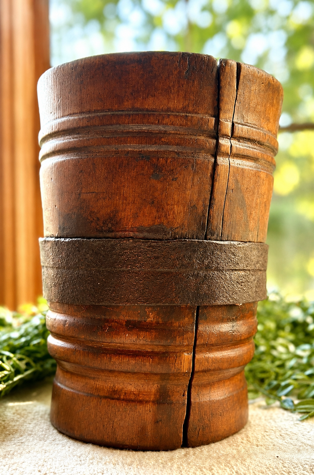 Antique Wooden Mortar & Pestle with Hand-Forged Iron Band | Primitive Apothecary Décor