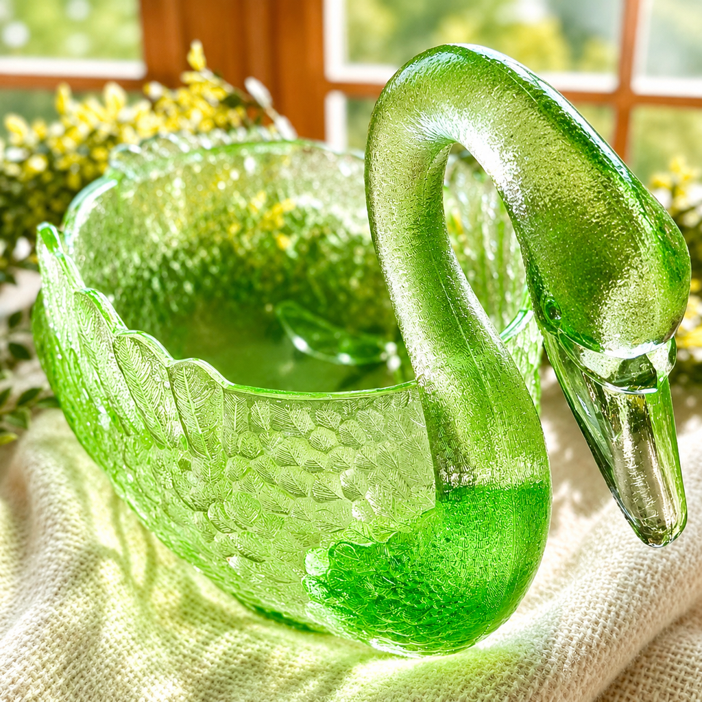 Vintage Uranium Glass Swan Bowl / Centerpiece