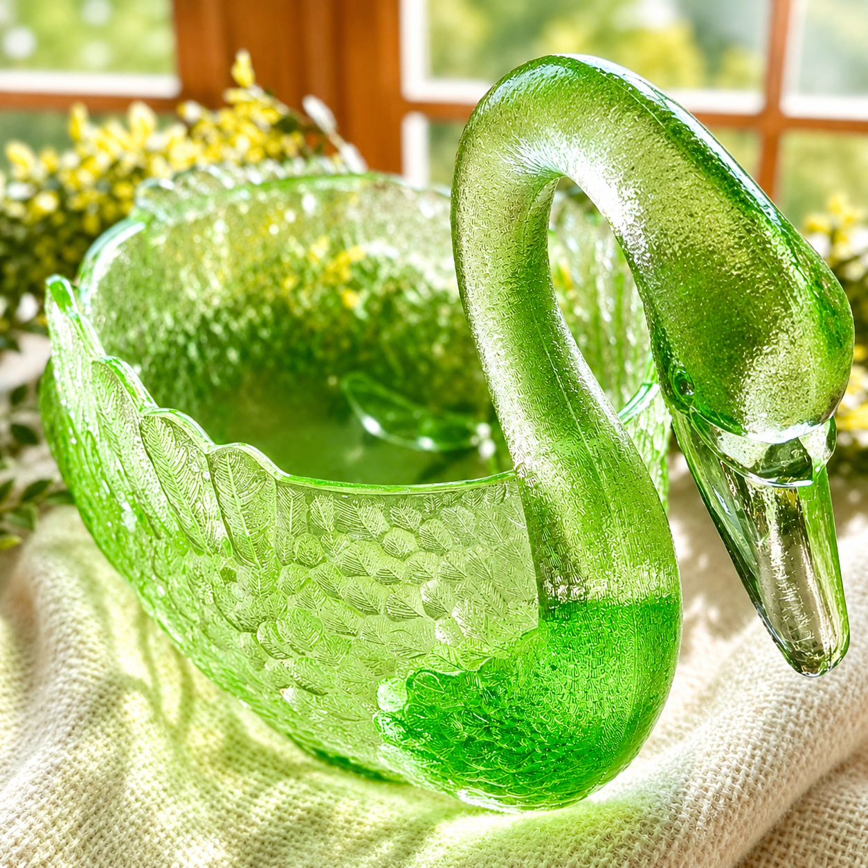 Vintage Uranium Glass Swan Bowl / Centerpiece