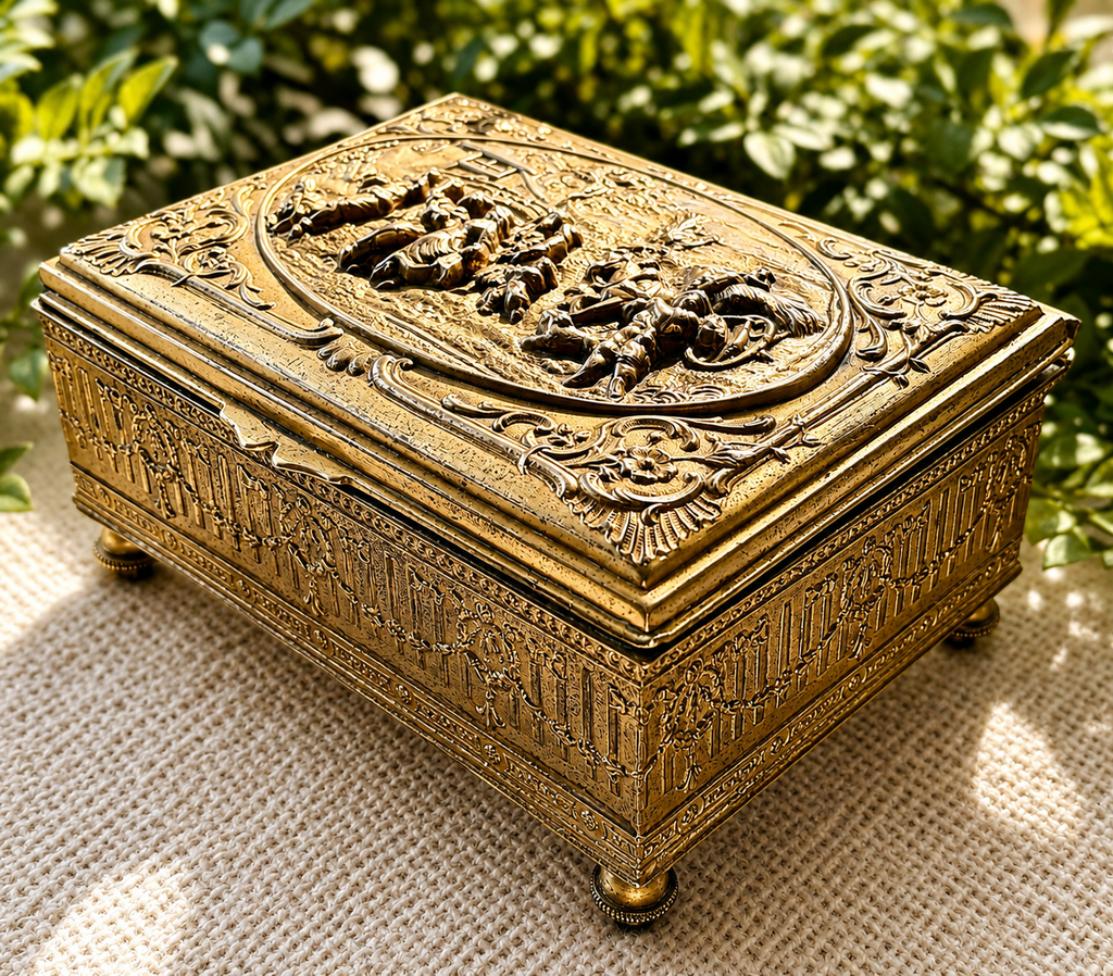 Antique Embossed Brass Jewelry Box | Victorian Revival Casket Box with Figural Pastoral Scene