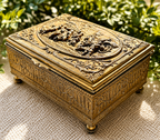 Antique Embossed Brass Jewelry Box | Victorian Revival Casket Box with Figural Pastoral Scene