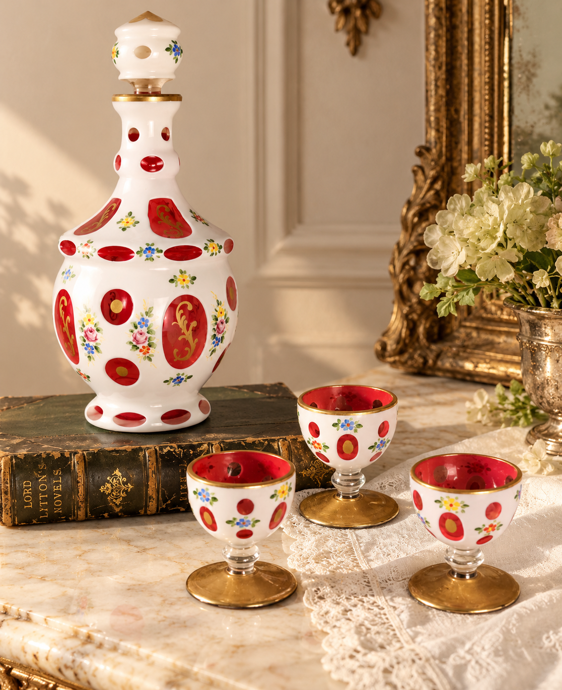 Antique-Style Bohemian White Overlay Glass Decanter & Cordial Set