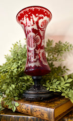 Antique Ruby Cut-to-Clear Bohemian Glass Vase with Etched Overlay