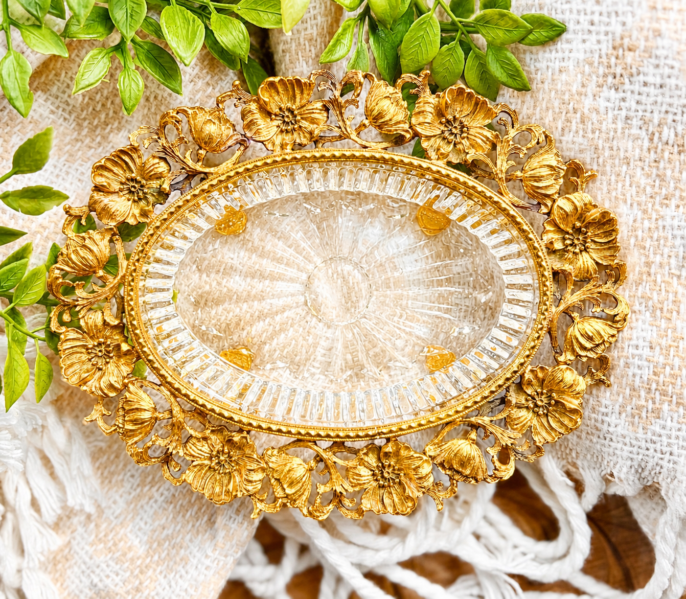 Vintage Ormolu and Glass Floral Trinket Dish
