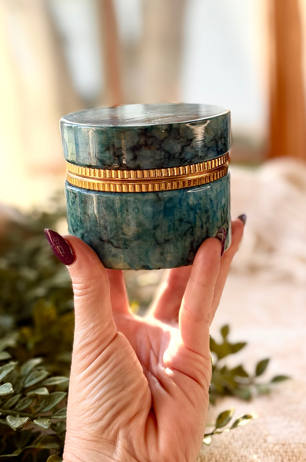 Blue Alabaster Hinged Trinket Box with Gold Trim