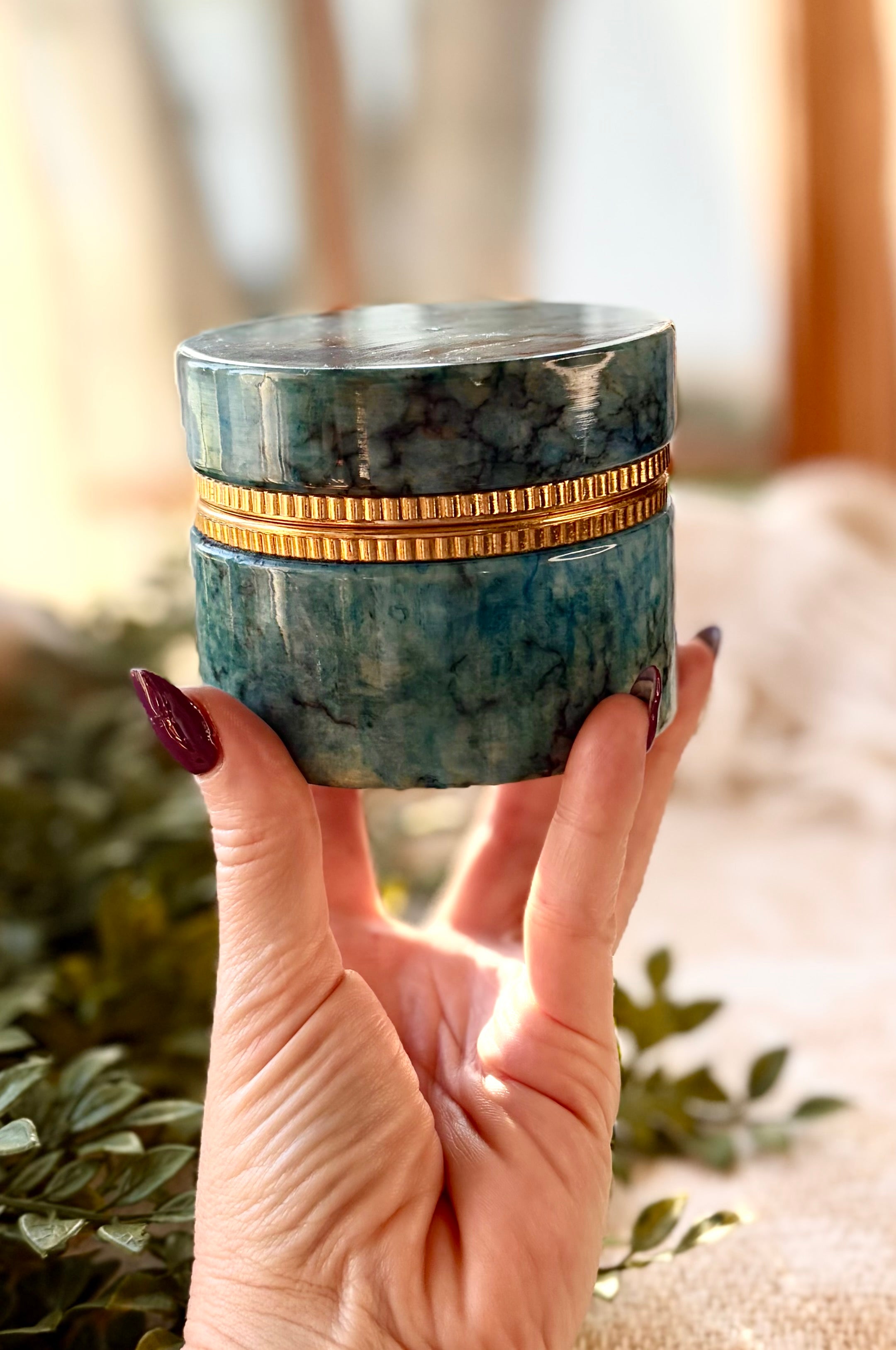 Blue Alabaster Hinged Trinket Box with Gold Trim