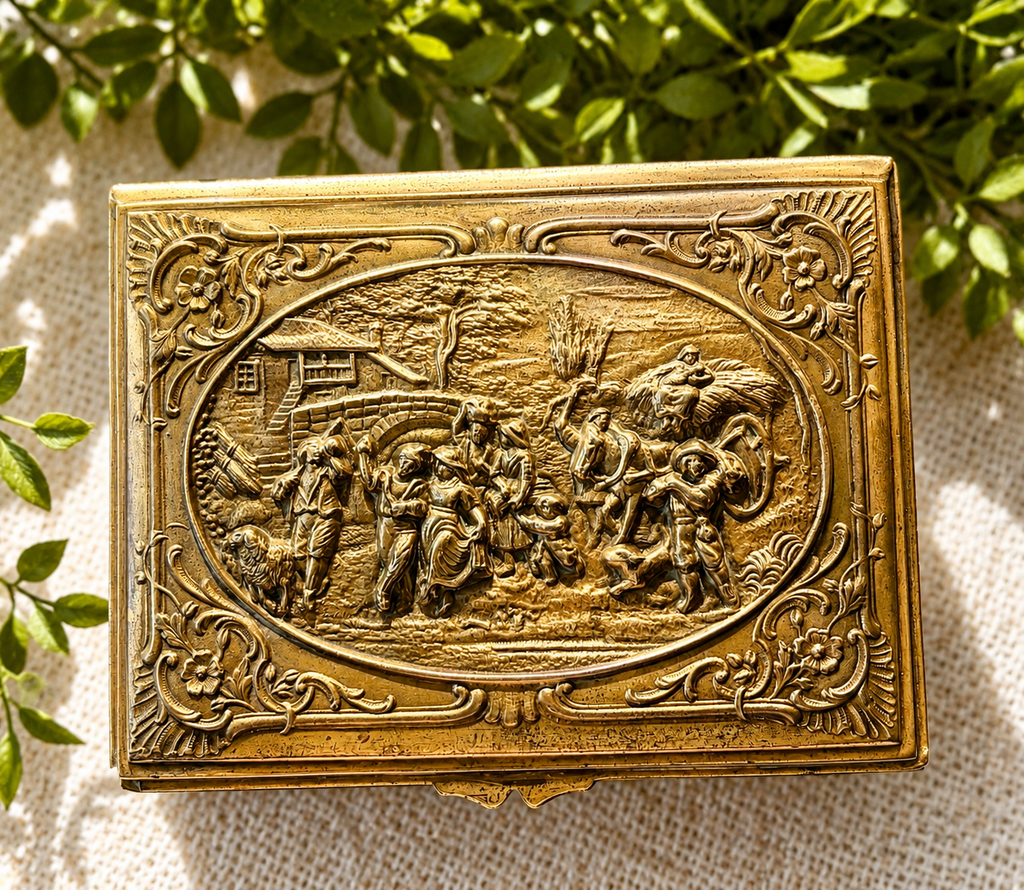 Antique Embossed Brass Jewelry Box | Victorian Revival Casket Box with Figural Pastoral Scene