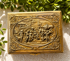 Antique Embossed Brass Jewelry Box | Victorian Revival Casket Box with Figural Pastoral Scene