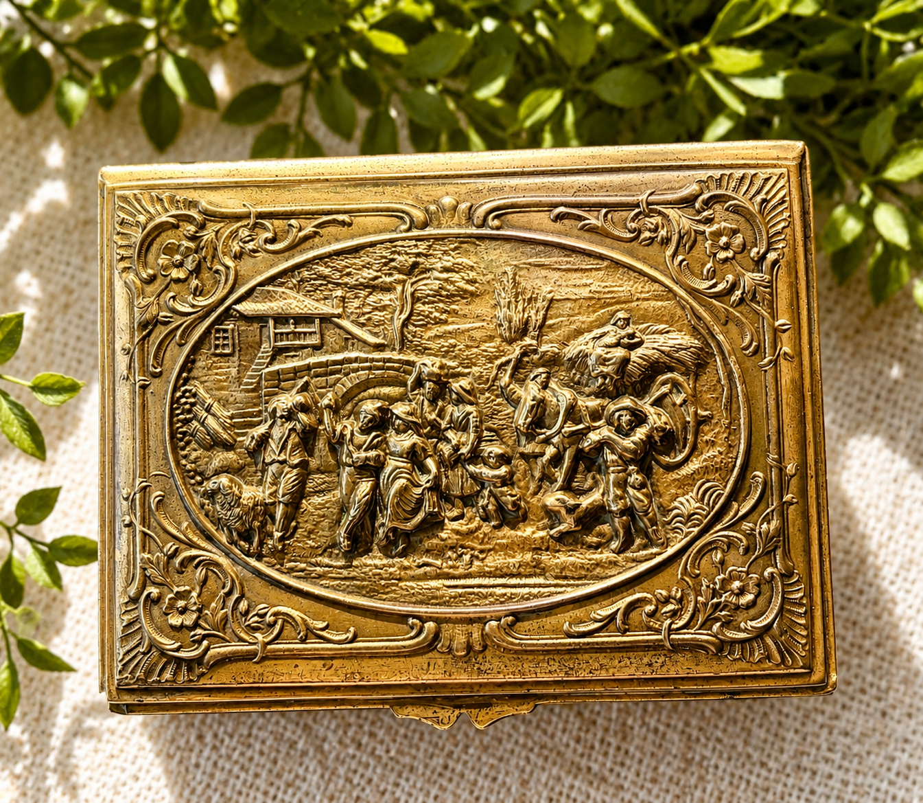Antique Embossed Brass Jewelry Box | Victorian Revival Casket Box with Figural Pastoral Scene