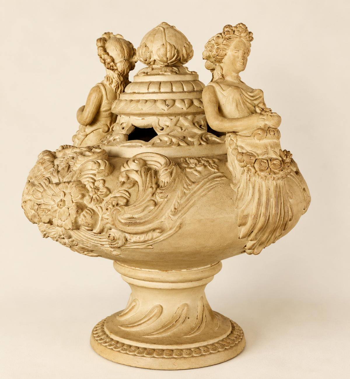 Late 19th–Early 20th Century French Clay Covered Urn with Figural Bust Handles