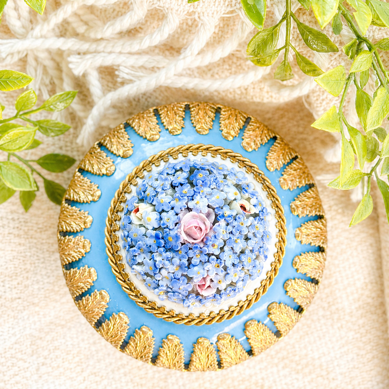 Vintage Blue Guilloché Trinket Box with Floral Porcelain Bouquet Lid