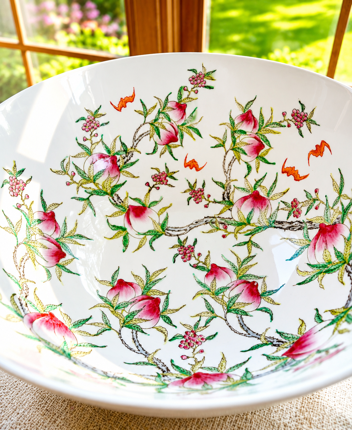 Vintage Chinoiserie Peach Porcelain Serving Bowl | Hong Kong Decorative Fruit Bowl