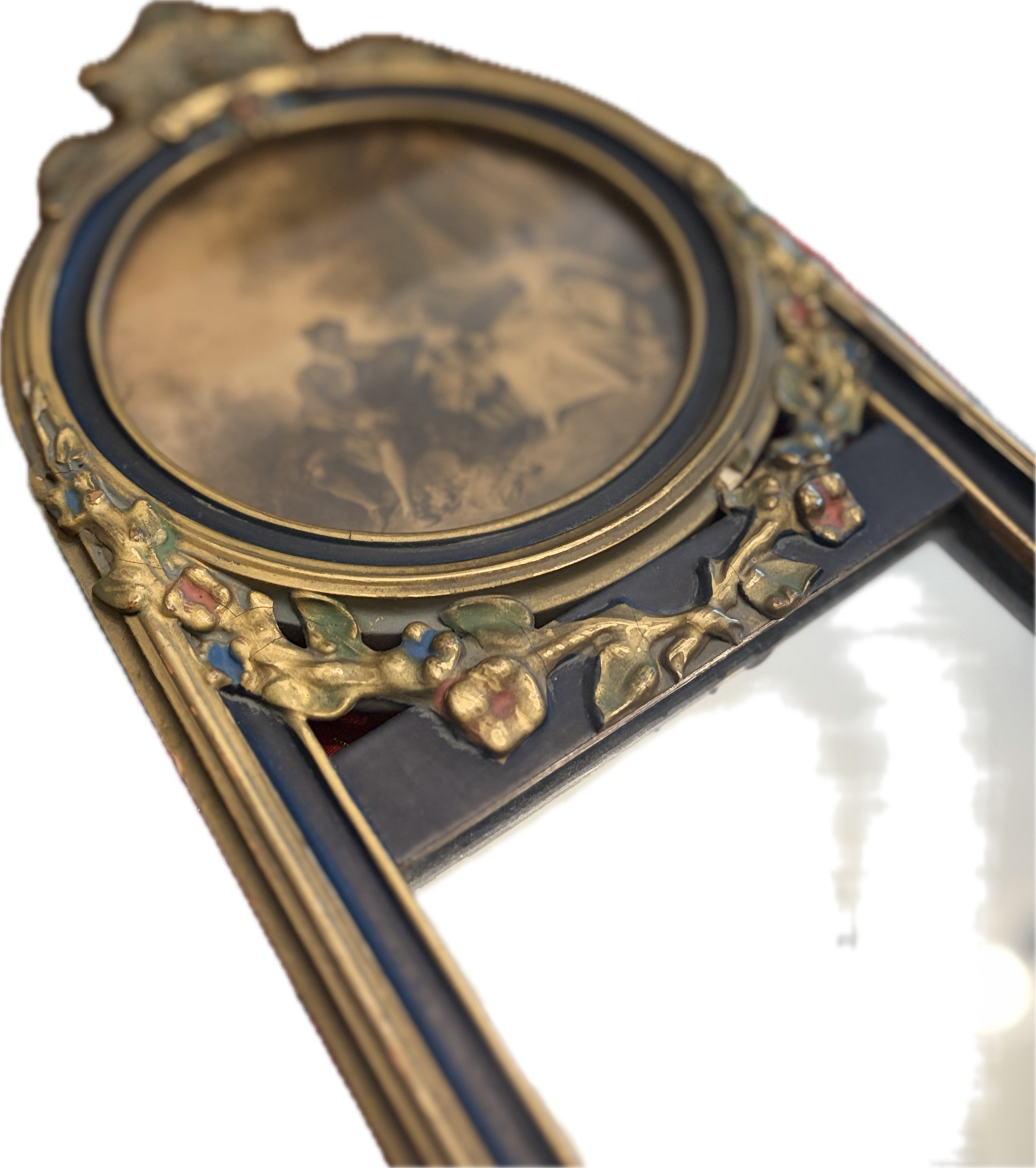 Antique oval-topped decorative mirror with an inset print and ornate frame.