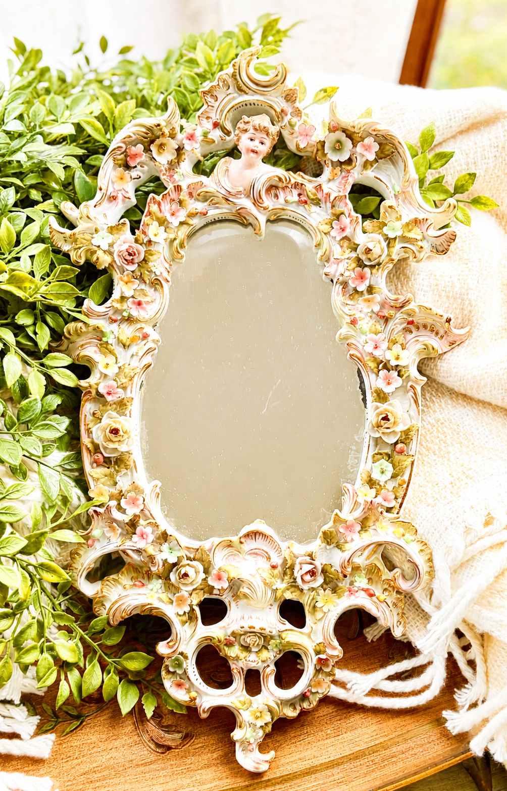 Antique Victorian Porcelain Floral Cherub Mirror