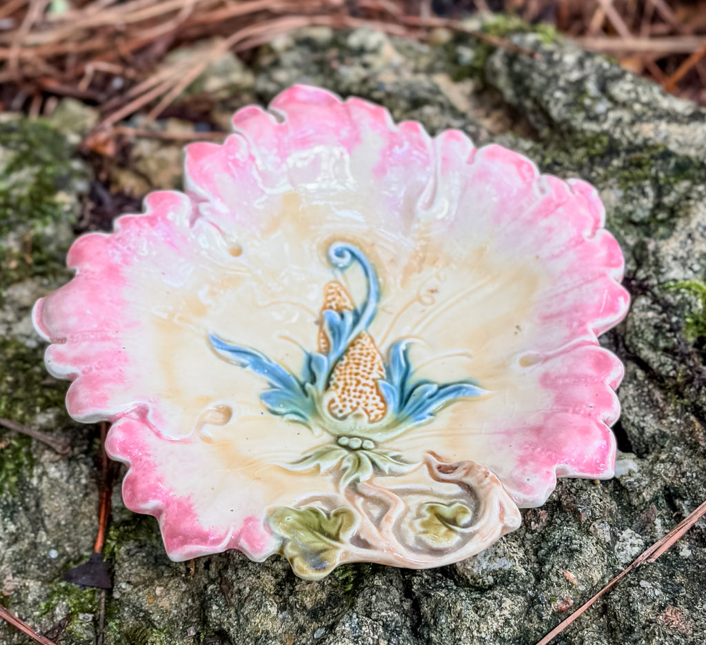 Antique Majolica Pink Floral Leaf Dish