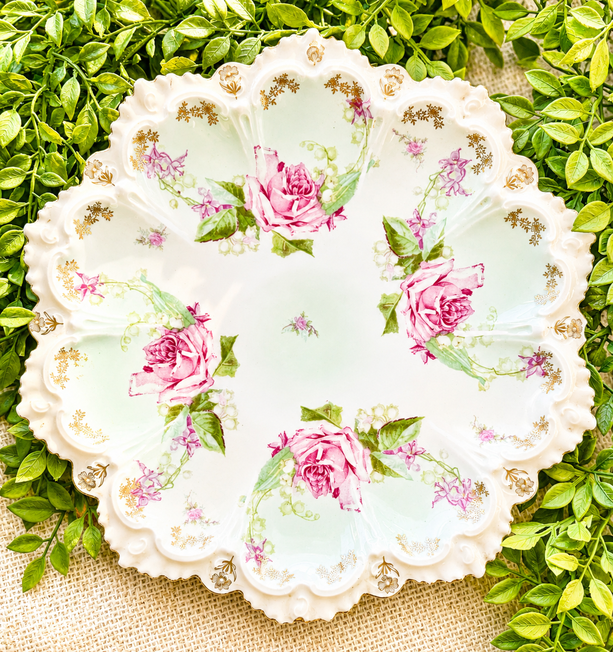Antique Austrian Porcelain Rose Compote Bowl | Scalloped Gilt Floral Centerpiece | M.Z. Austria