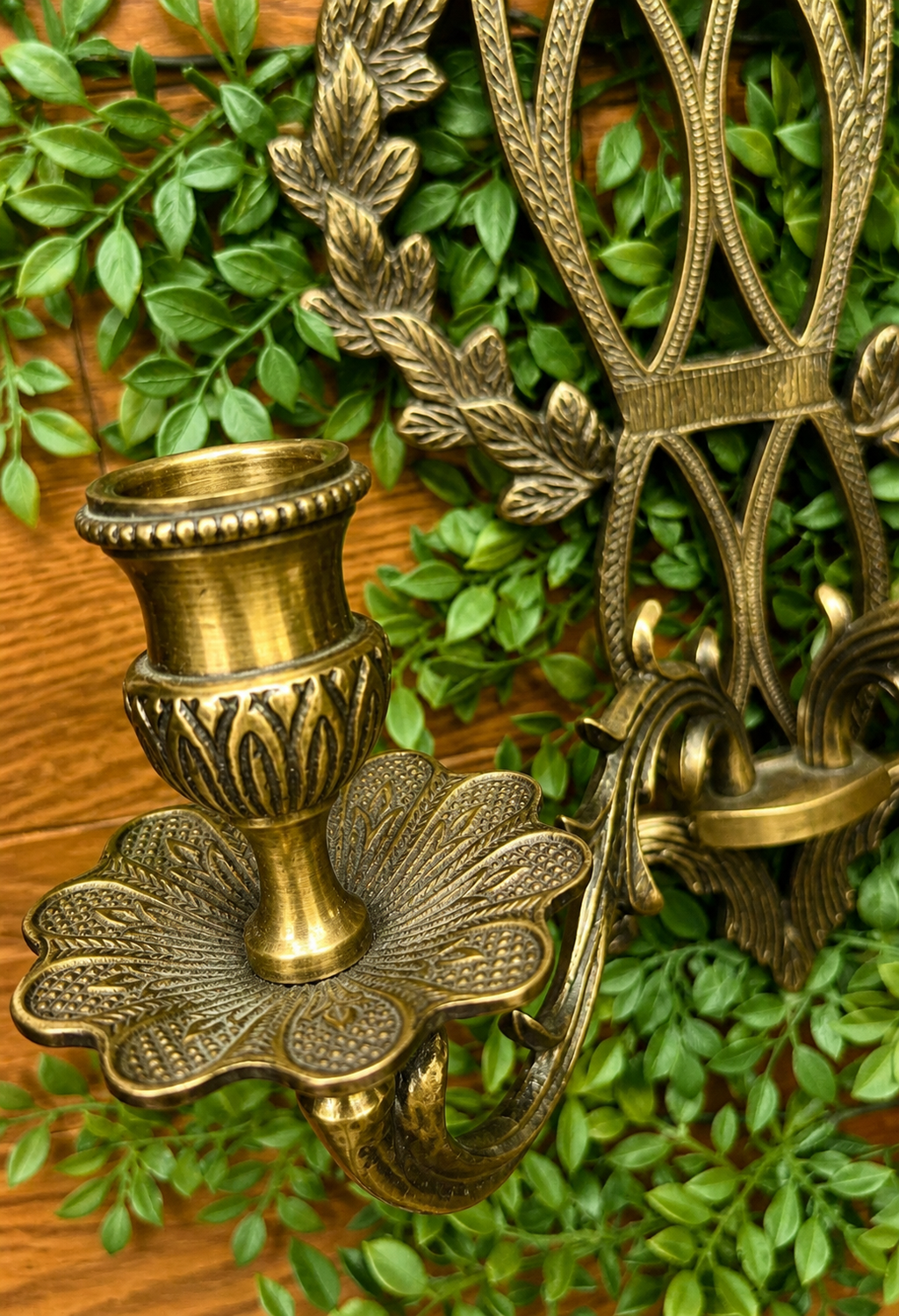 Vintage Pair Gothic Revival Brass Wall Sconces