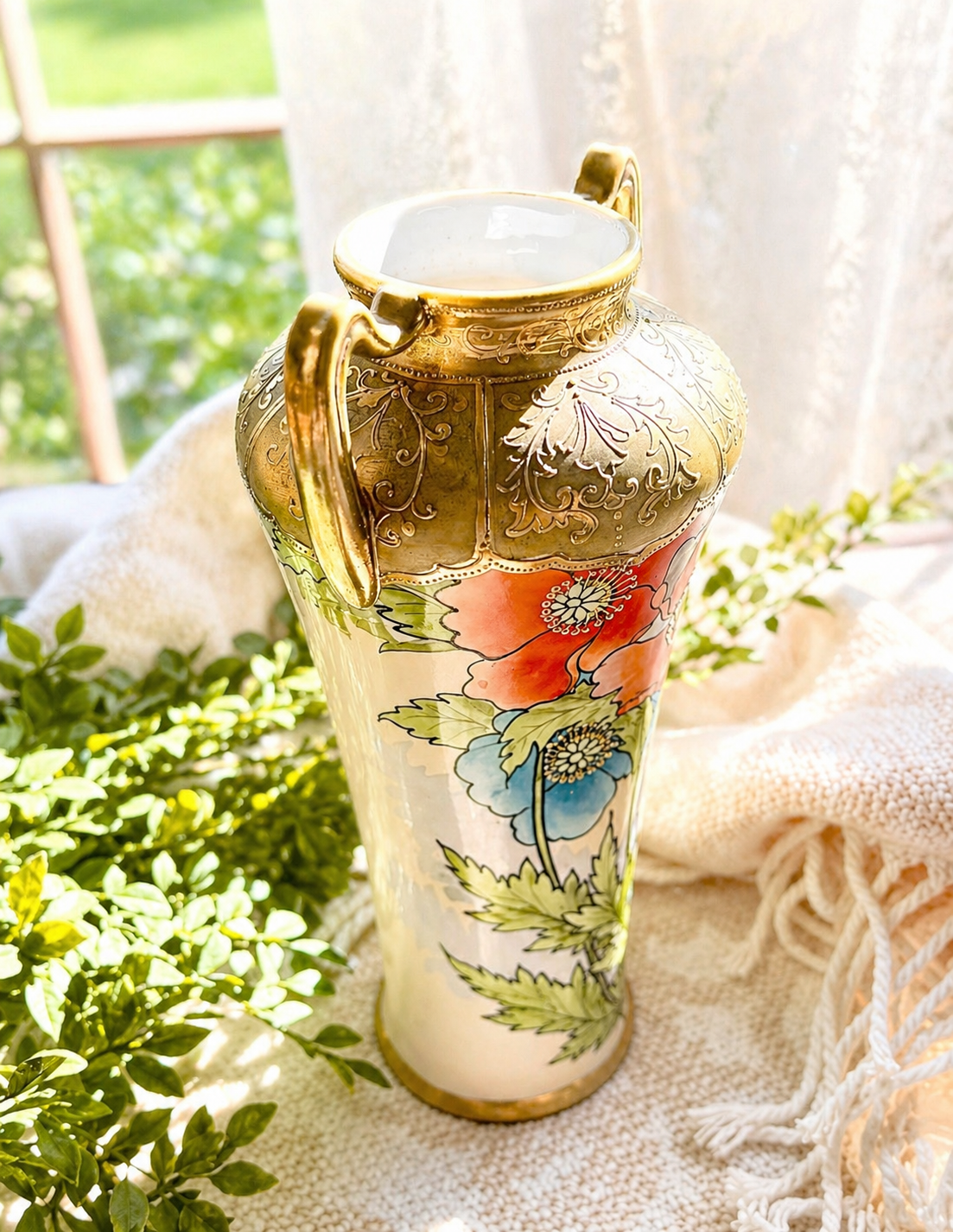 Antique Hand Painted Nippon Poppy Vase