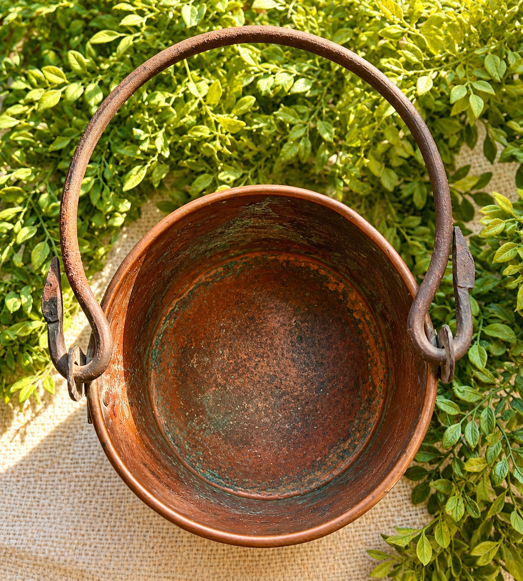 Antique Hand-Hammered Copper Bucket with Forged Iron Swing Handle | Eastern European Copper Pail No. 3