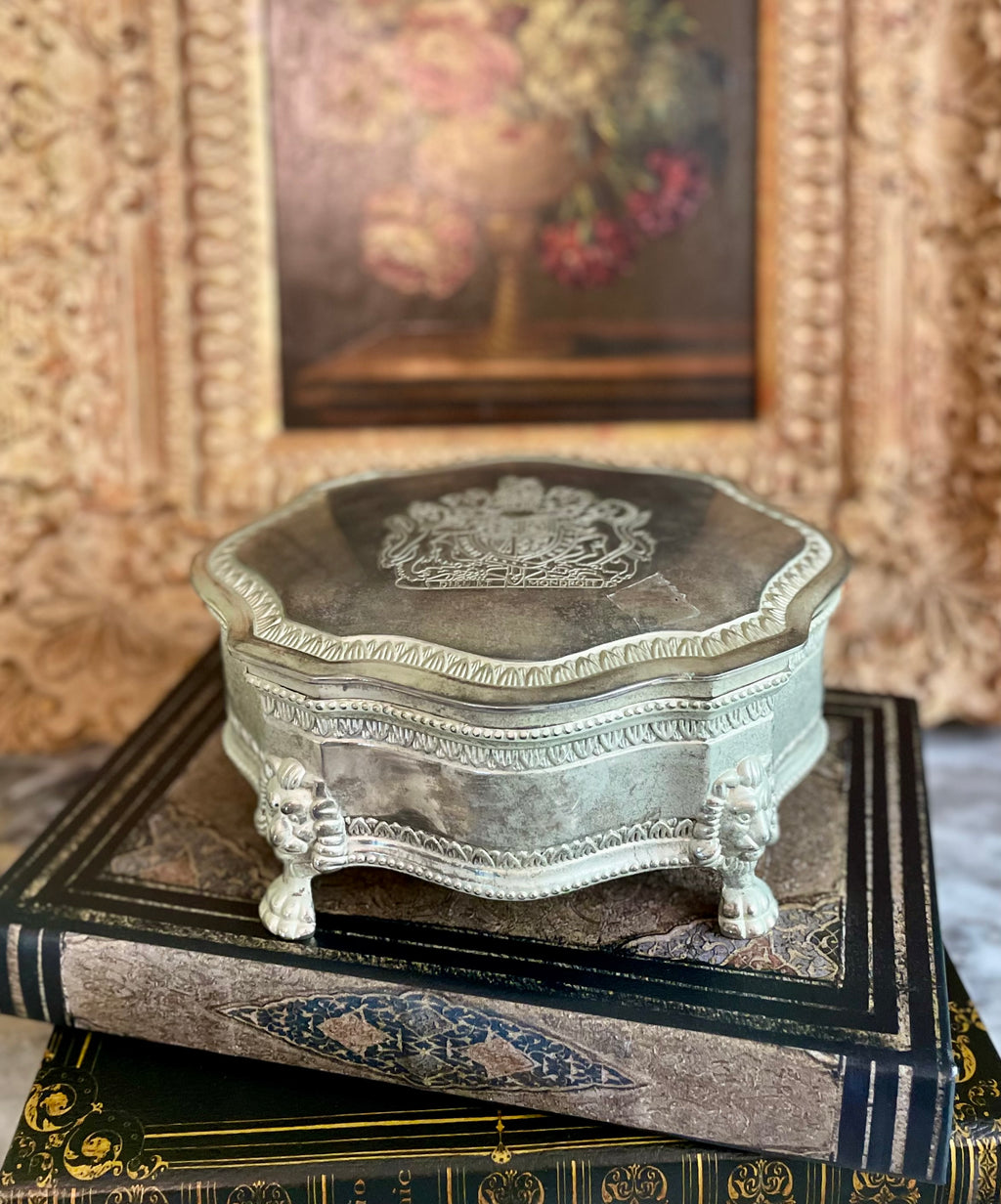 Vintage Silverplate Jewelry Casket with Lion Feet & Crest Engraving