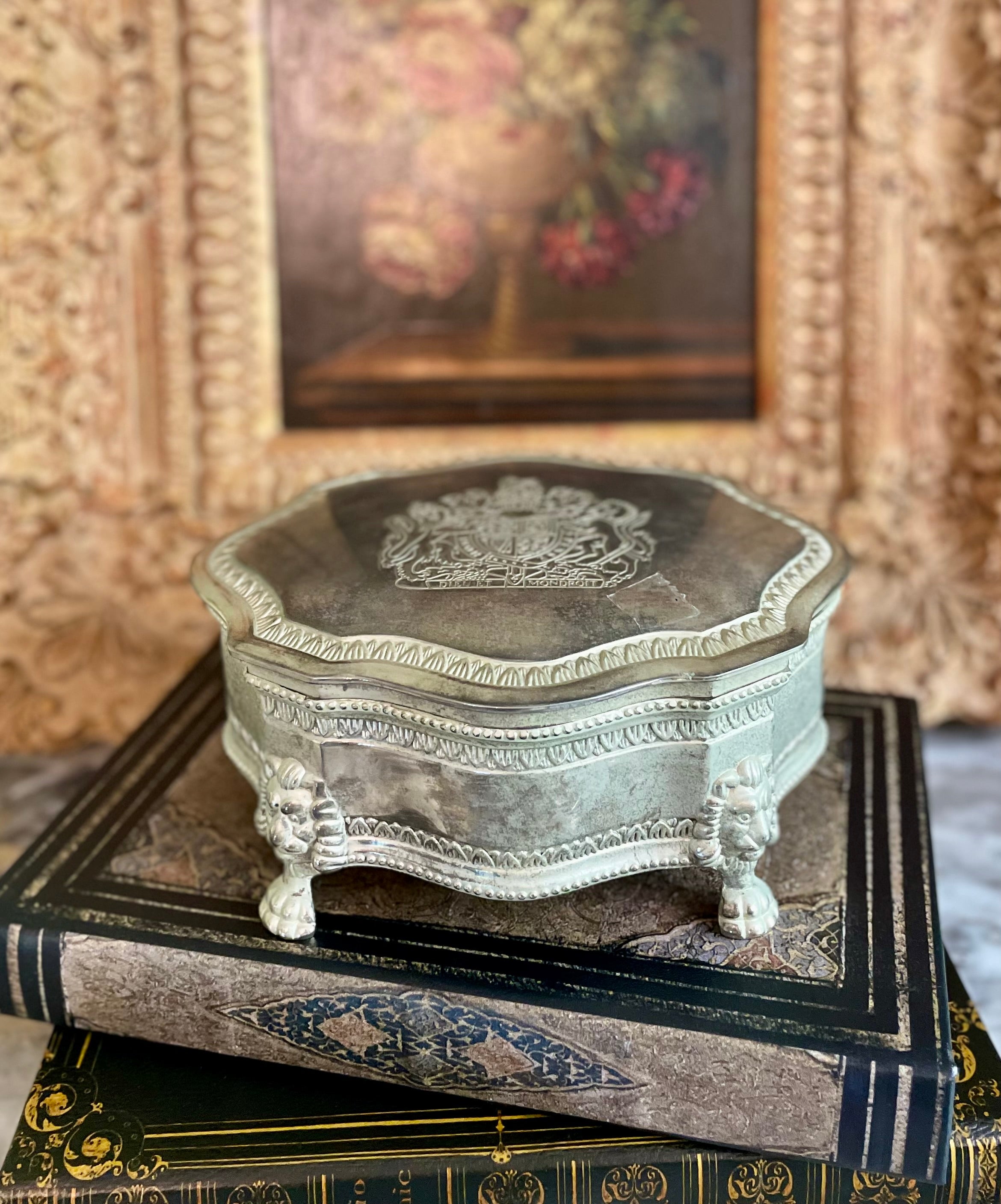 Vintage Silverplate Jewelry Casket with Lion Feet & Crest Engraving