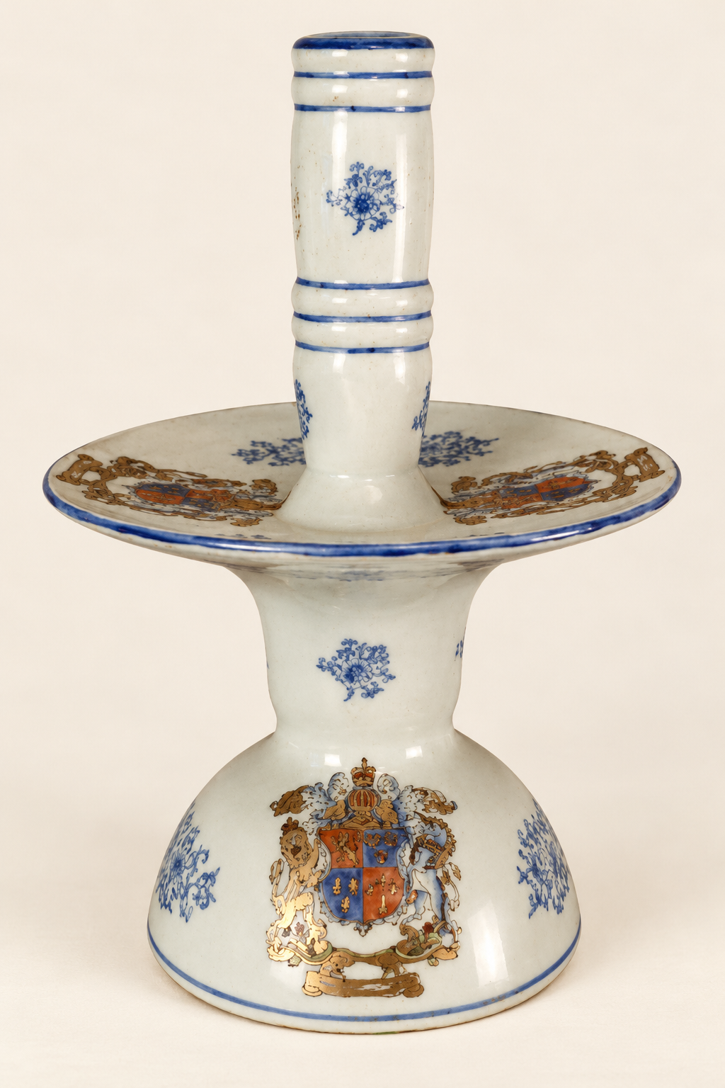 Antique European Porcelain Candlesticks with Heraldic Coat of Arms