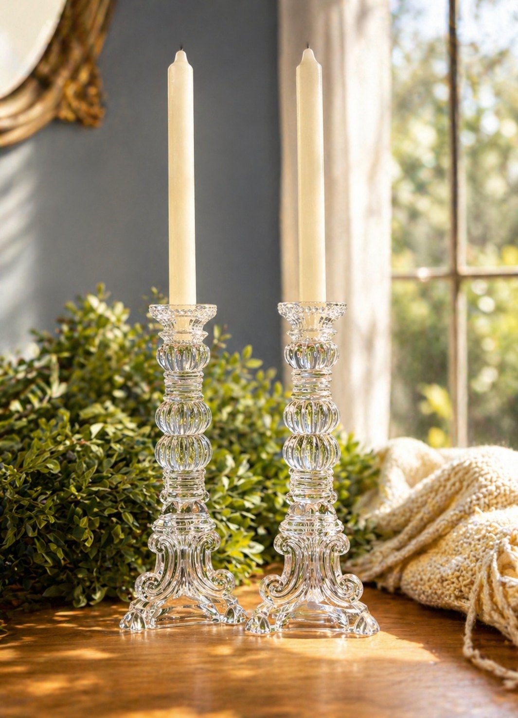 Pair of Vintage Bombay Pressed Glass Candlesticks