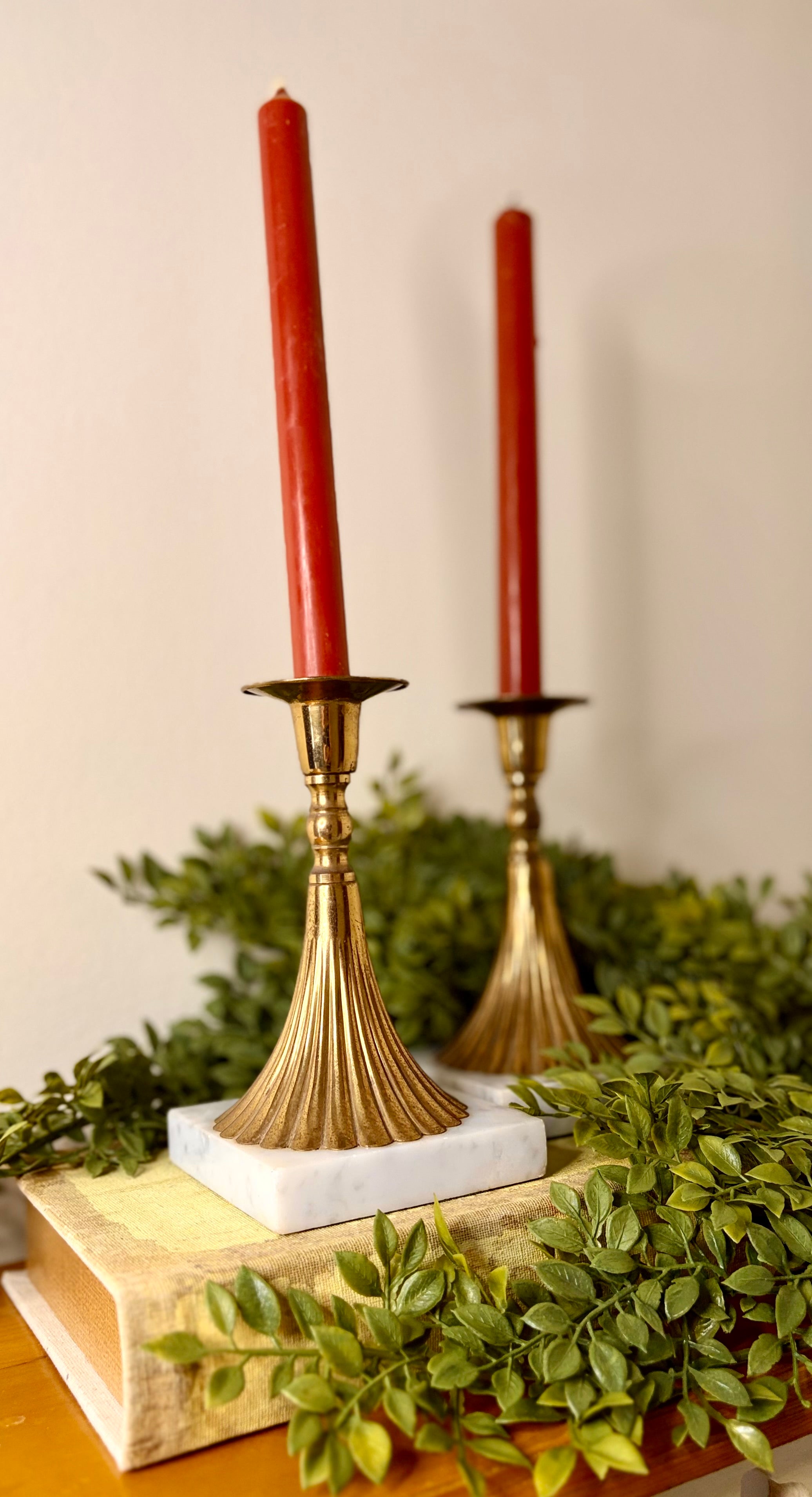 Pair of Vintage Brass Candlesticks with Marble Bases