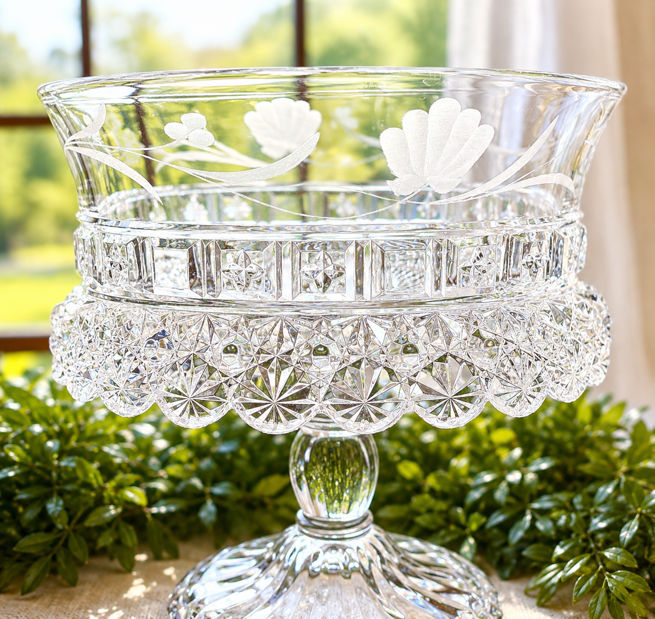Antique Dalzell, Gilmore & Leighton Etched Glass Compote Bowl | Pedestal Fruit Stand with Floral Motif