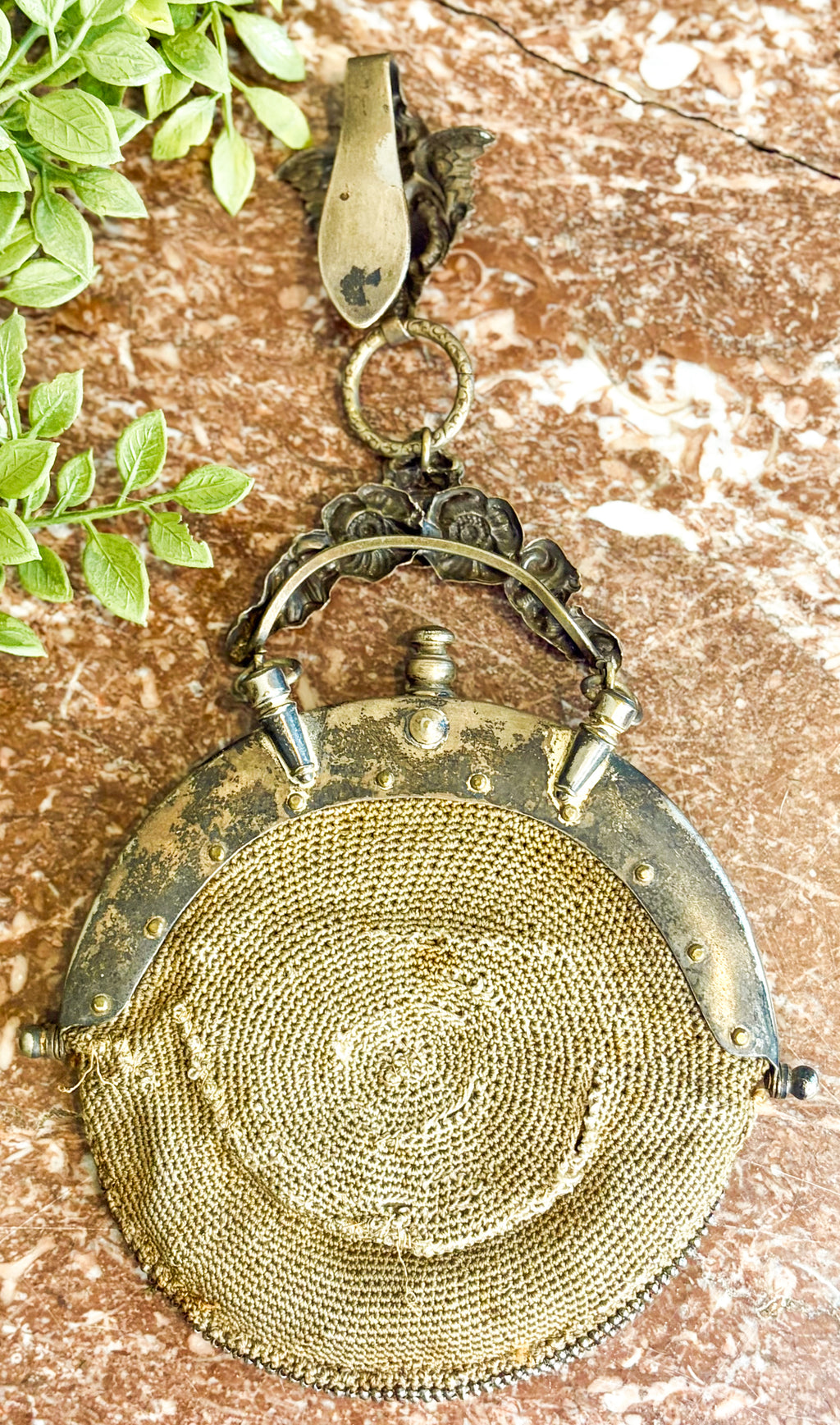 Antique Victorian Metal Mesh Chatelaine Purse with Leather Interior