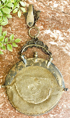 Antique Victorian Metal Mesh Chatelaine Purse with Leather Interior