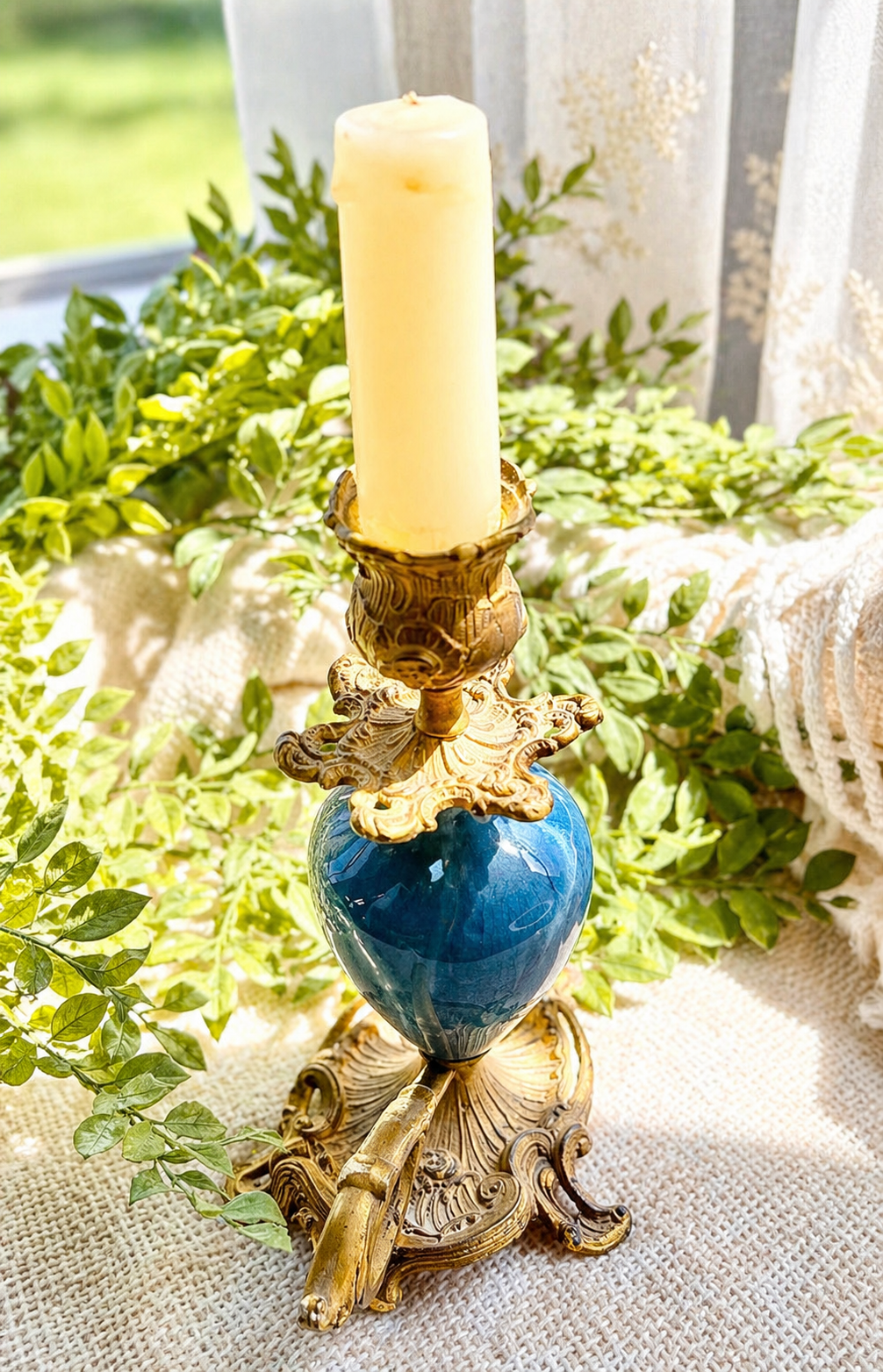 Vintage Cobalt Blue Porcelain & Ormolu Chamberstick Candlestick