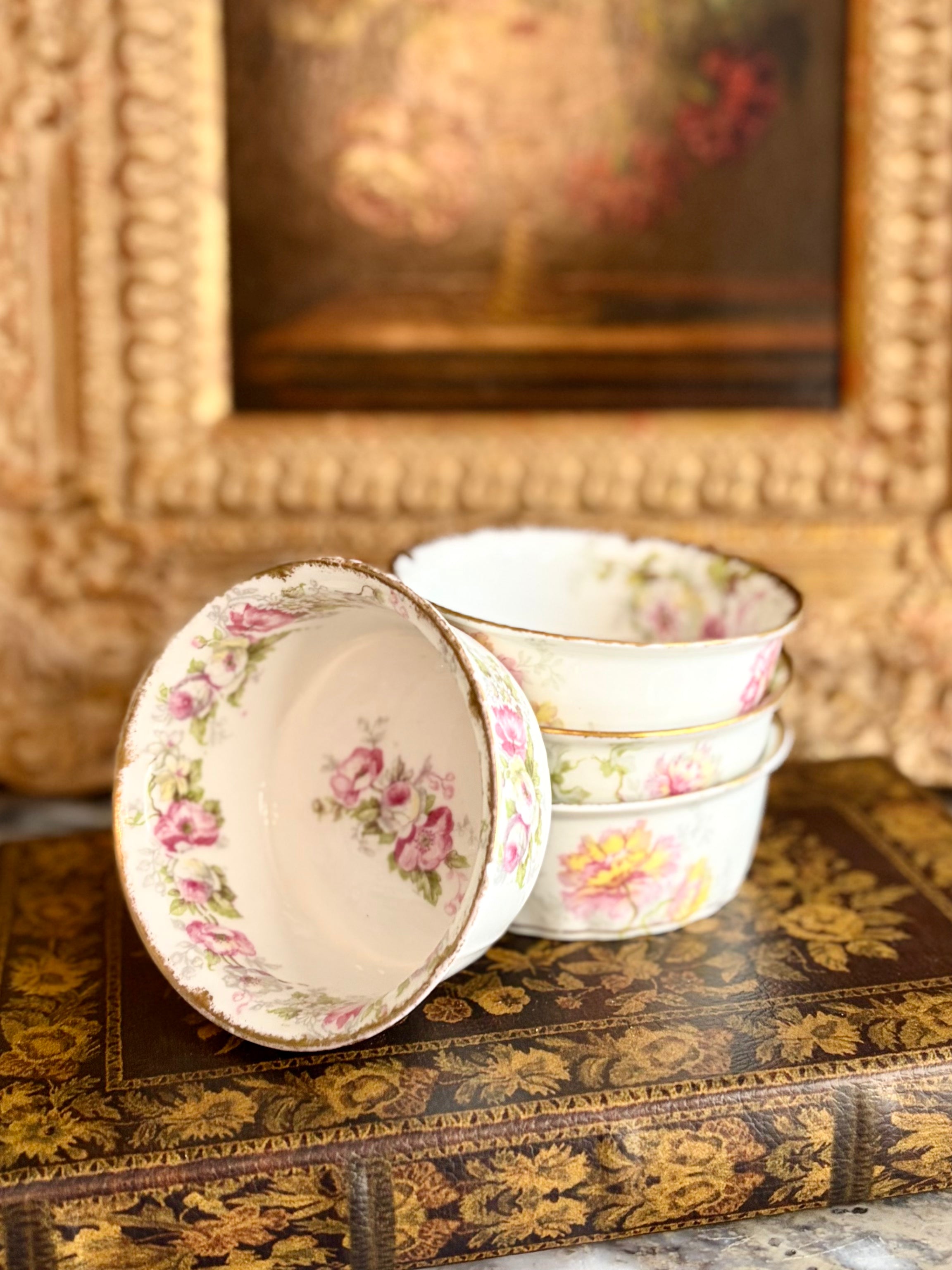 Antique French Limoges Elite Works Dessert Cups – Pink Rose Garland with Gilt Rim