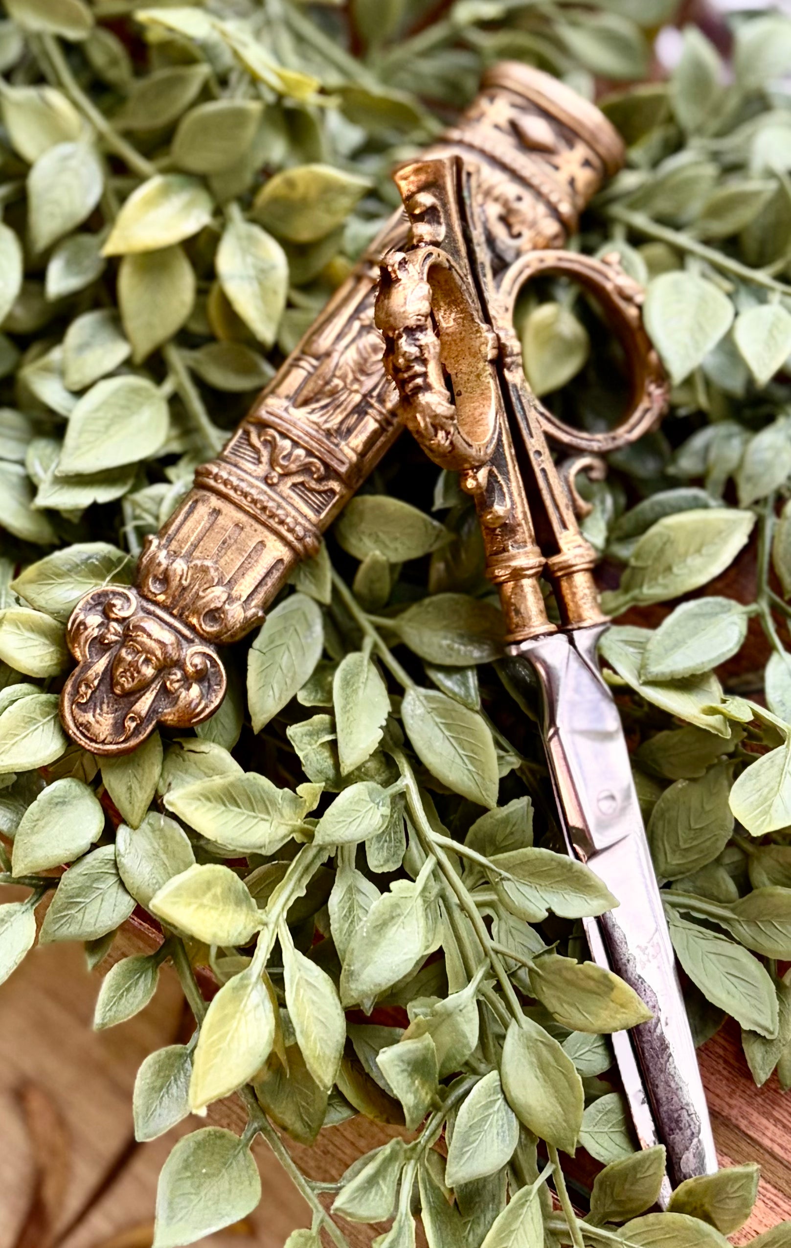 Antique French Gilt Scissors & Sheath with Figural Detail