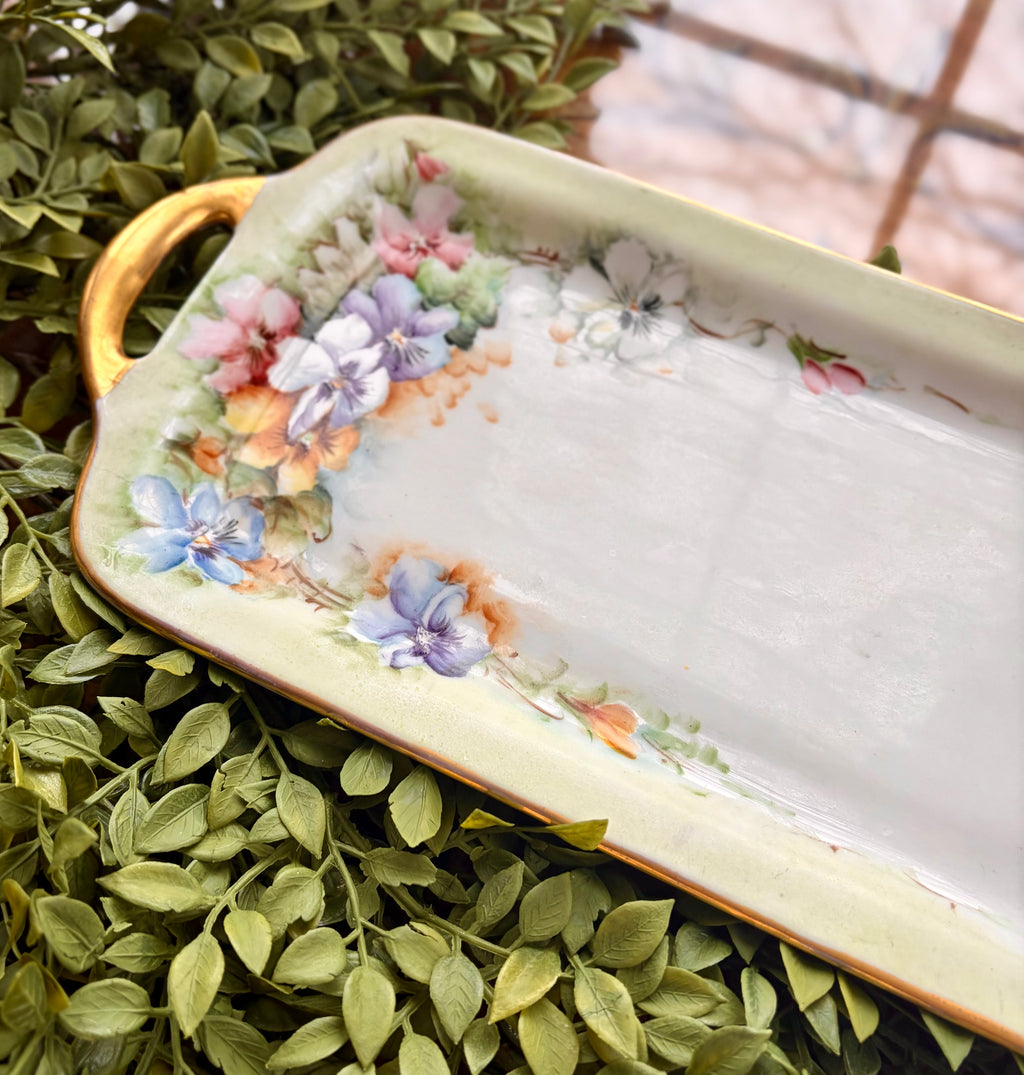 Antique 1919 Signed French Limoges Hand-Painted Floral Serving Tray