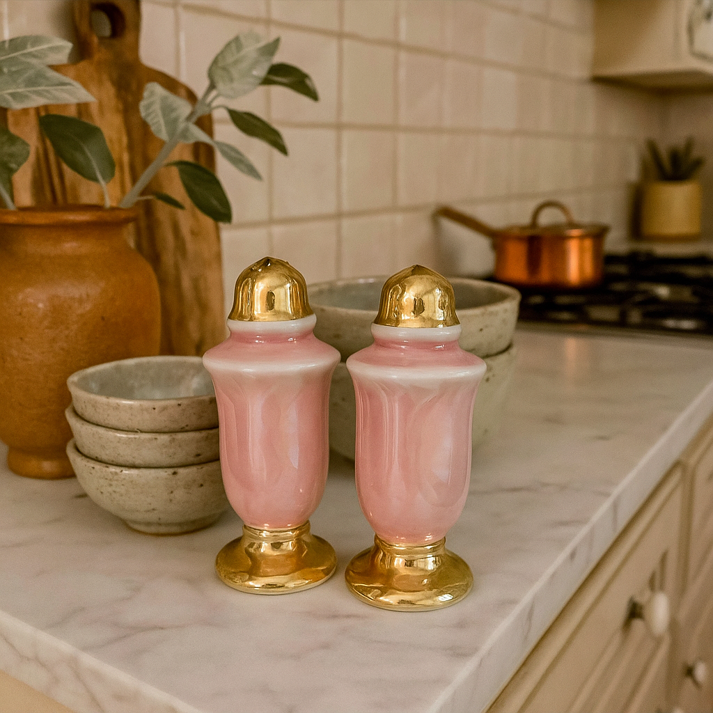 Vintage Pink Lusterware Salt and Pepper Shakers with Gold Trim