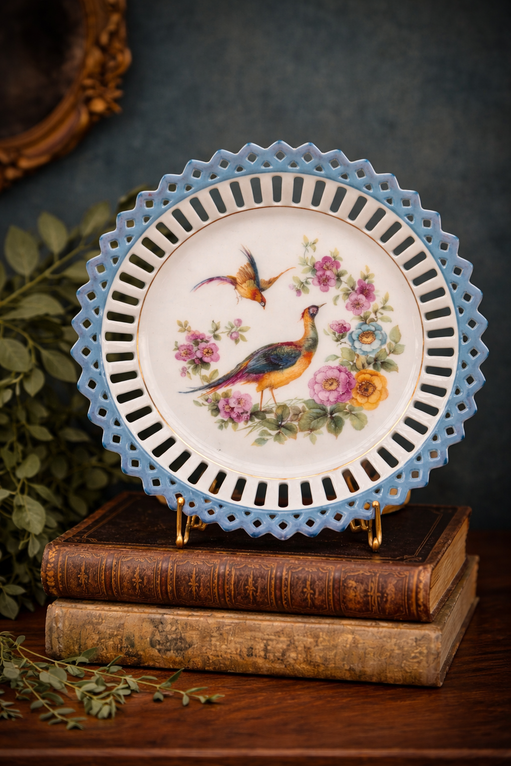 Vintage Bavarian Pierced Rim Bird Plate with Blue Border