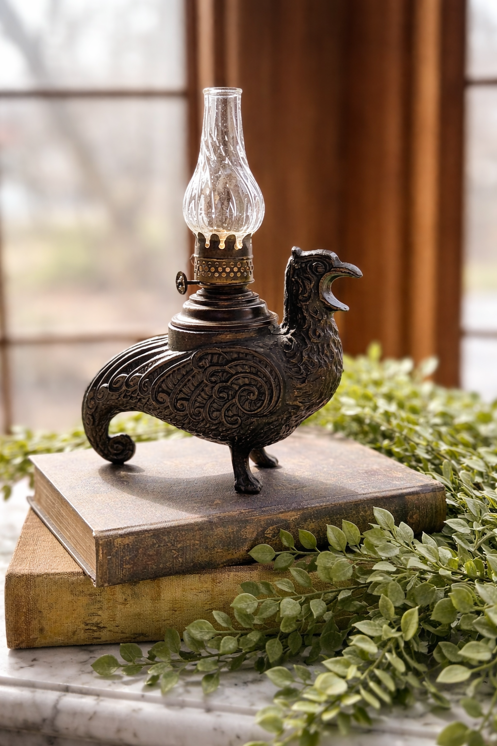 Antique Figural Cast Iron Oil Lamp – Bird Form with Glass Chimney