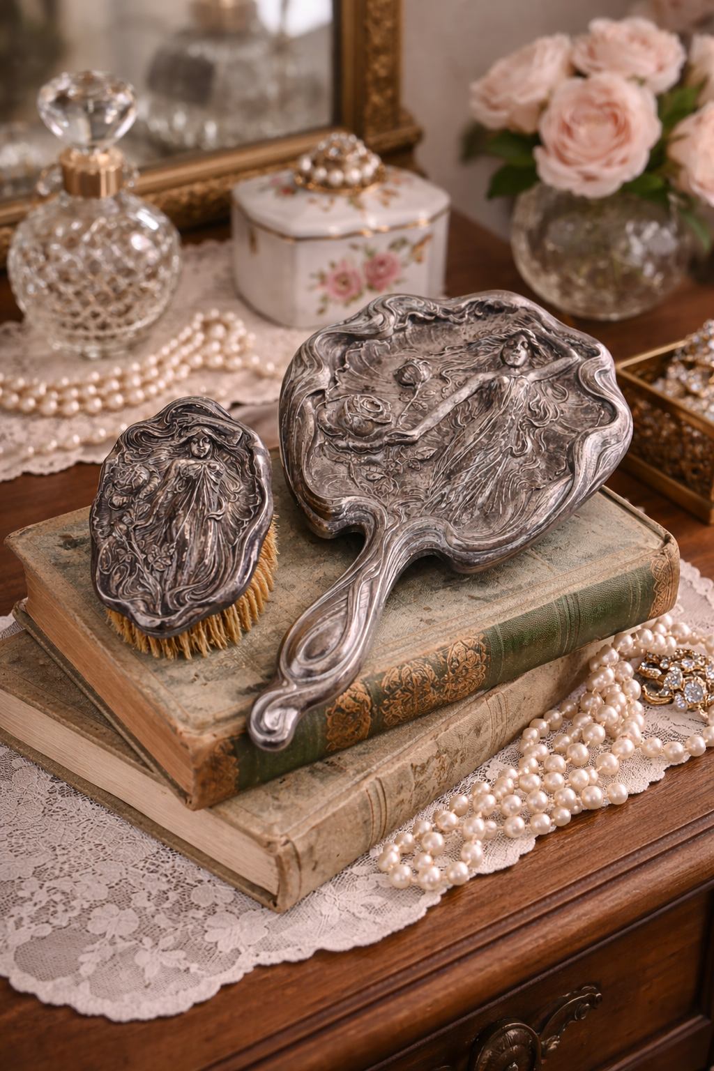 Antique Art Nouveau Vanity Mirror & Brush Set