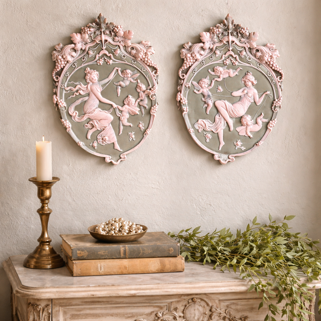 Vintage Neoclassical Cherub Wall Plaques – Pink & Sage Relief Pair