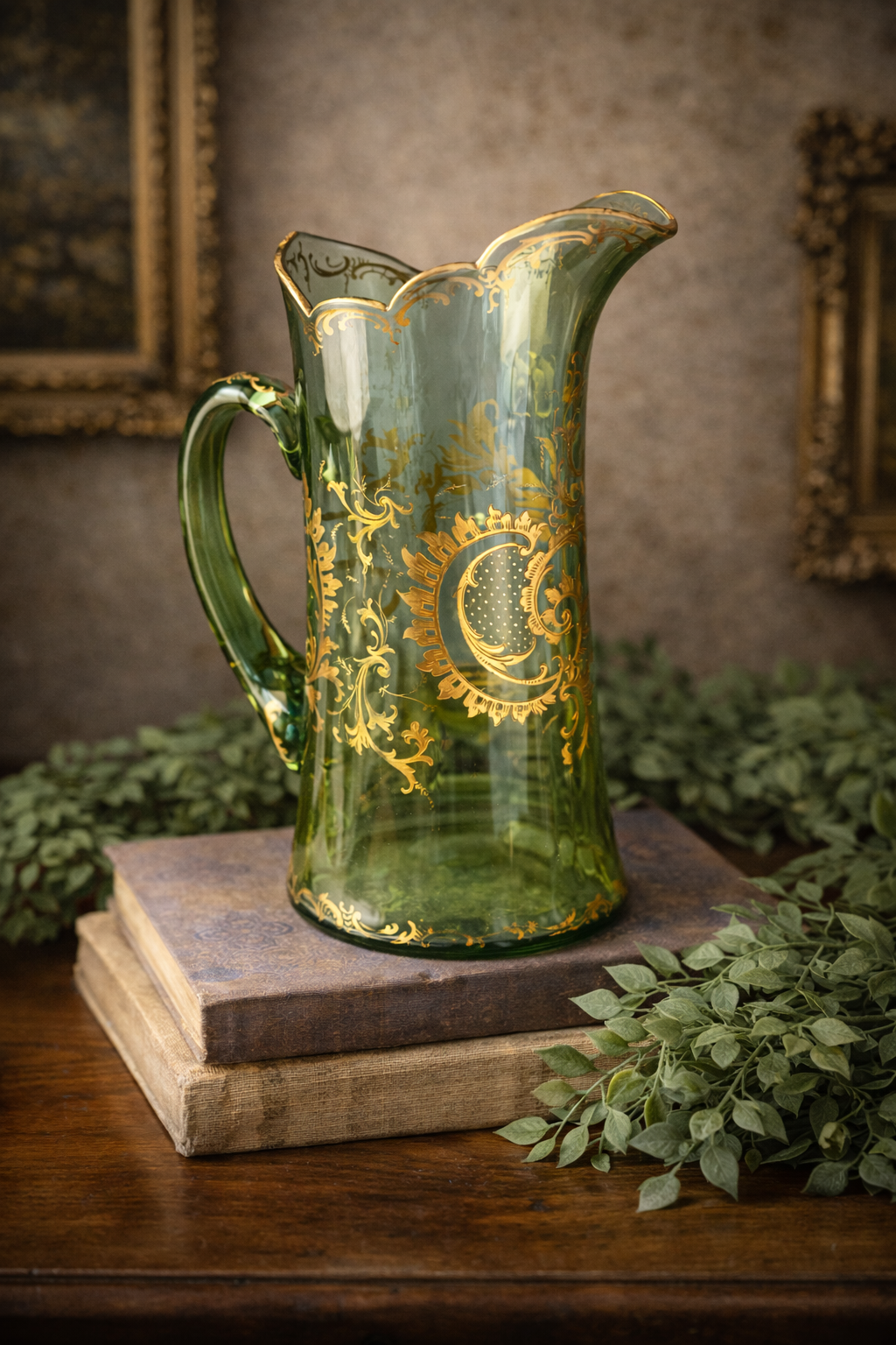 Antique Green Bohemian Glass Pitcher with Gold Enamel