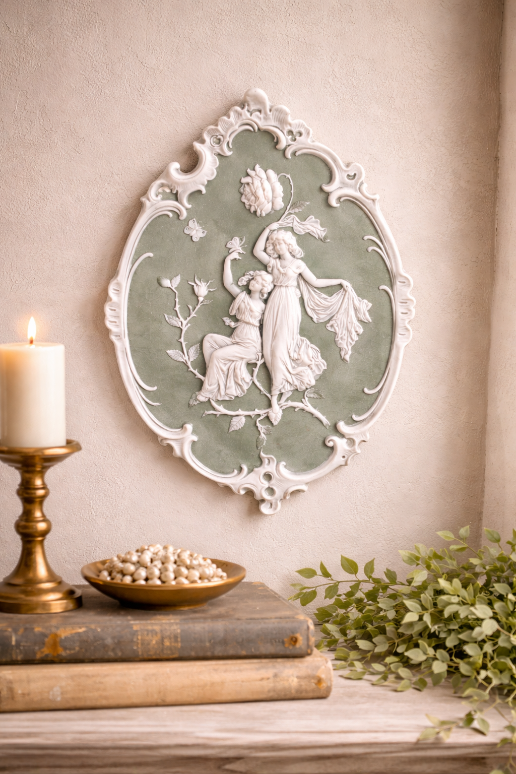 Vintage Neoclassical Relief Wall Plaque – Sage & Ivory Maiden Scene