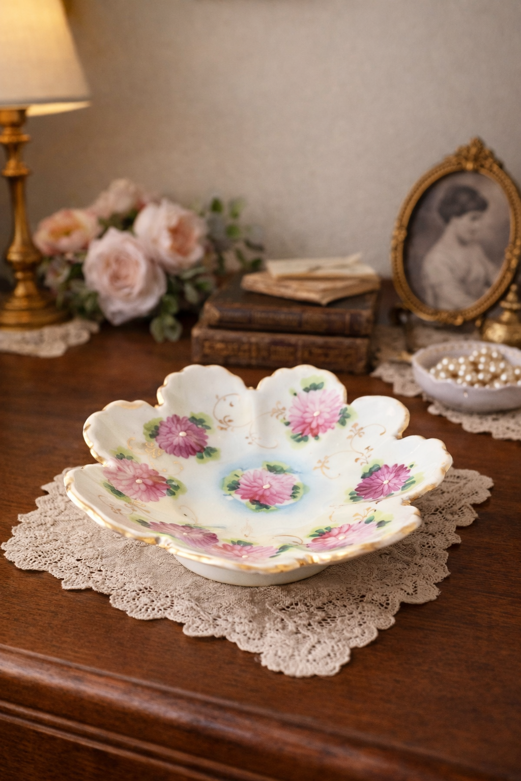 Vintage Hand-Painted Floral Porcelain Dish with Gold Trim