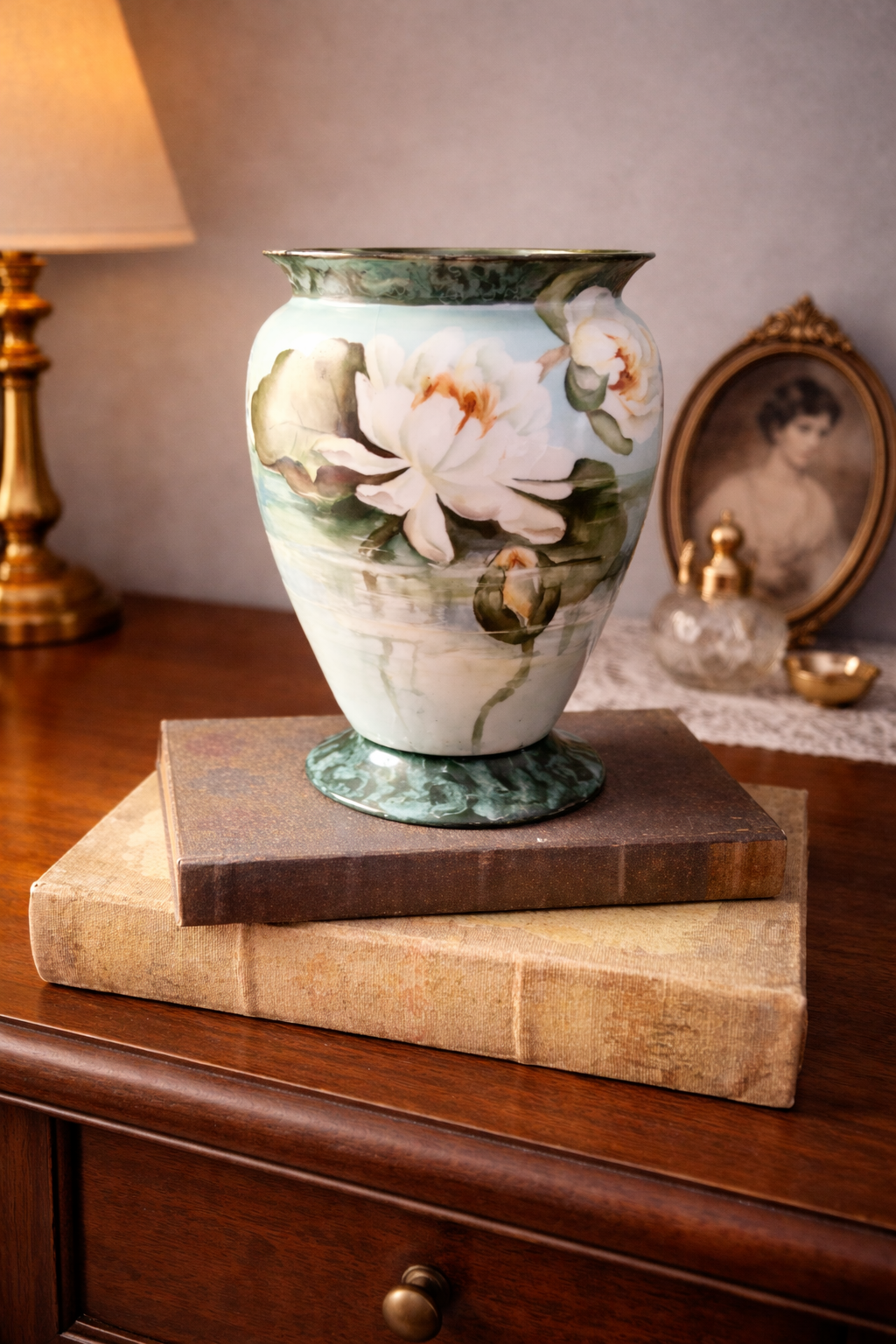 Antique German Hand-Painted Porcelain Vase – Water Lily Scenic Vase
