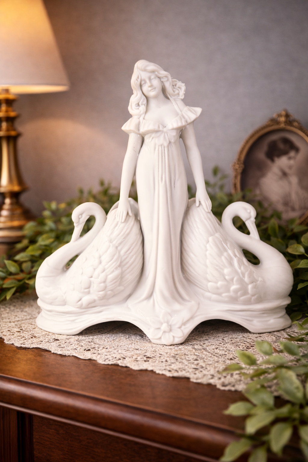 Vintage Bisque Porcelain Lady with Swans Figurine | Art Nouveau Style Sculpture