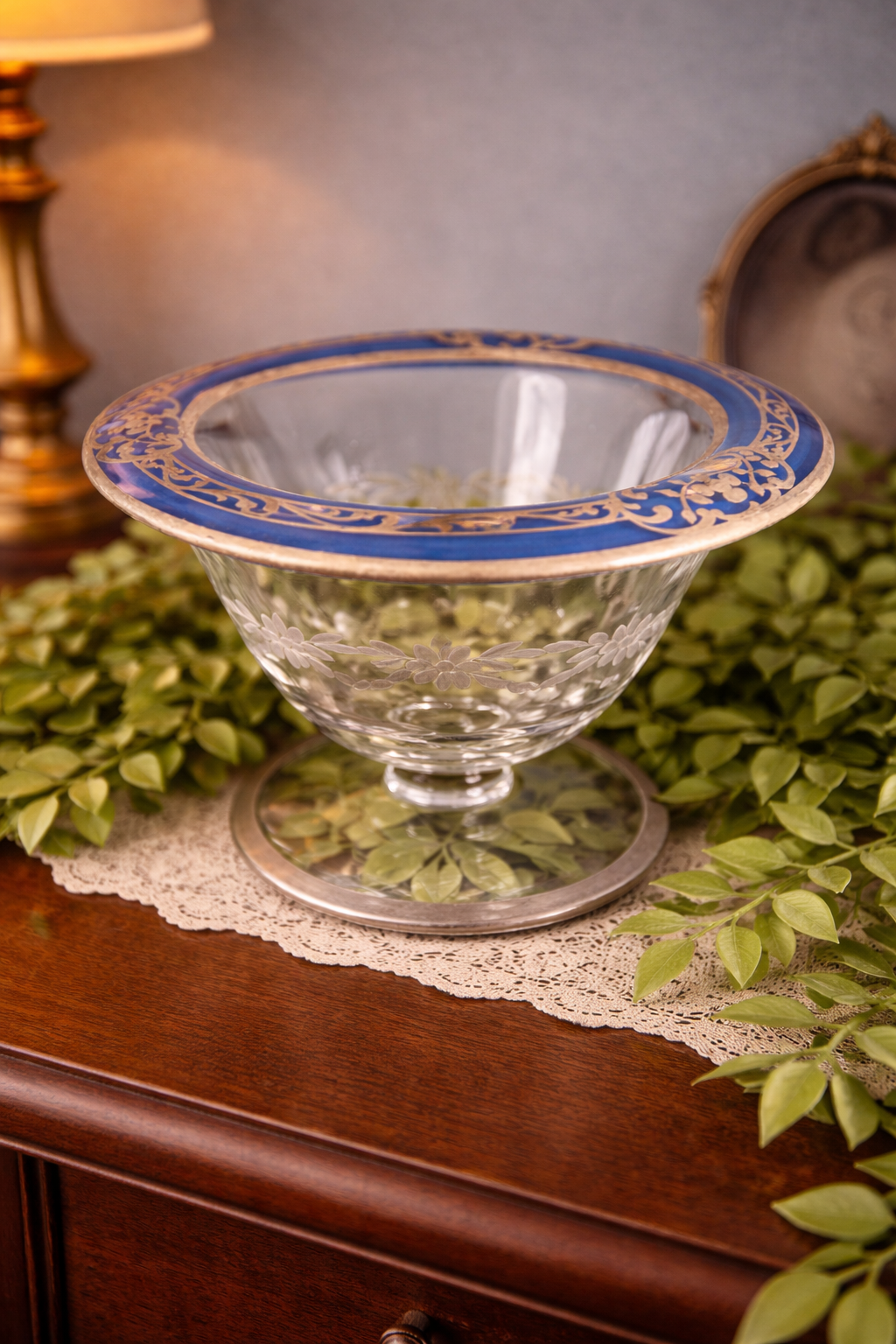 Vintage Etched Crystal Pedestal Bowl with Cobalt & Gold Rim